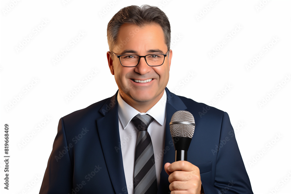 Middle aged man over isolated white background as a reporter holding a microphone and reporting news Middle aged man over isolated white background as a reporter holding a microphone and reporting news