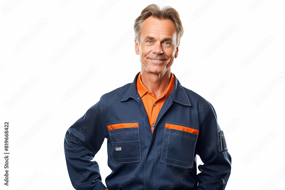 Middle aged man over isolated white background in mechanic uniform Middle aged man over isolated white background in mechanic uniform