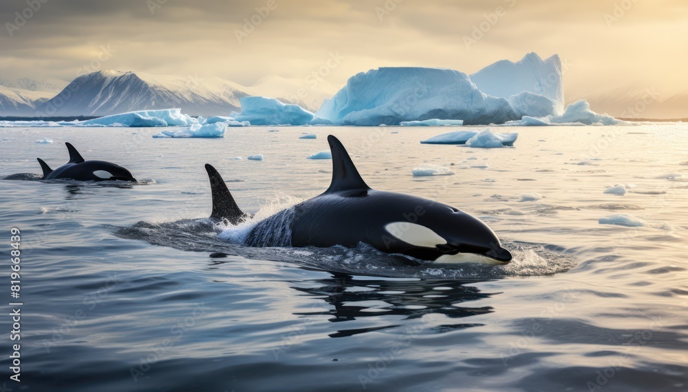 Fototapeta premium Groups of Orcas or killer whales swim and hunt for prey, the top of the food chain in a sea of ​​ice floes