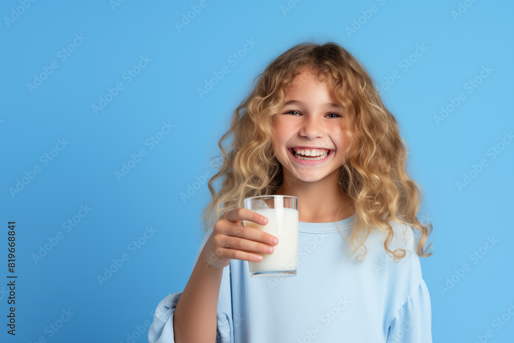 Young pretty blonde girl over isolated colorful background having breakfast milk Young pretty blonde girl over isolated colorful background having breakfast milk