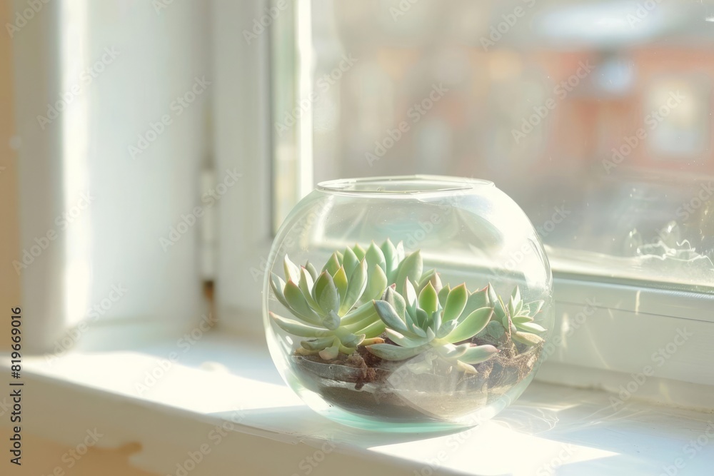 A handcrafted glass terrarium containing a mini succulent garden positioned on a white windowsill