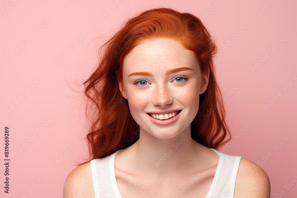 Naklejka premium Young pretty Redhead girl over colorful background