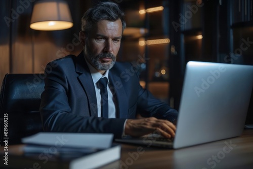 A handsome manager in a suit typing on a laptop at his office desk looking focused and professional
