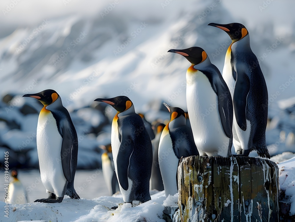 Fototapeta premium Curious and Playful Penguins Gathering in their Icy Tundra Habitat