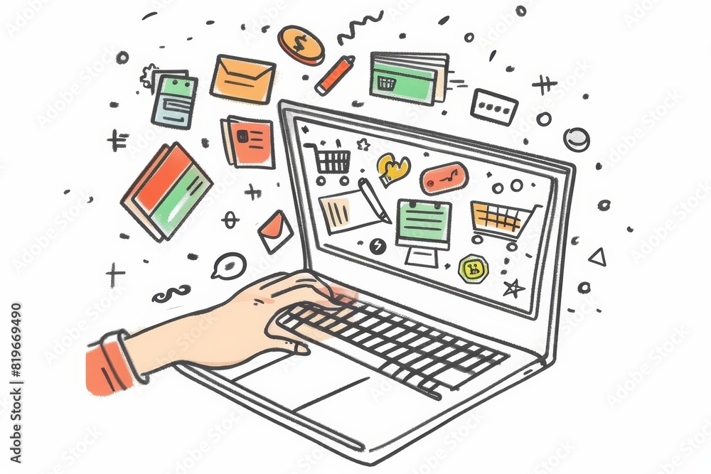 A sketch illustration of a hand using a laptop A sketch illustration of a hand using a laptop