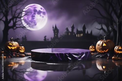 black and purple podium stage for product presentations and promotions with Halloween celebration theme decorations. photo