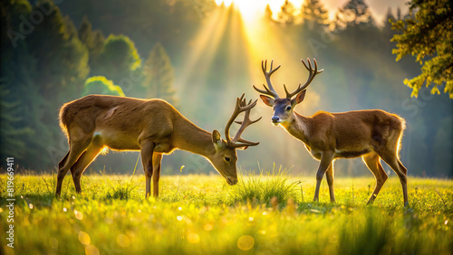 A pair of deer grazing peacefully in a sun-dappled meadow, their antlers reaching towards the sky.