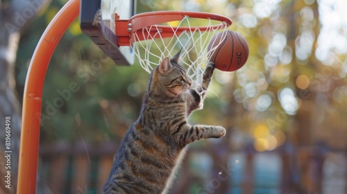 Playful Cat Dunking a Mini Basketball into a Hoop