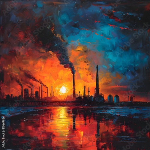 Fiery Dystopian Cityscape Reflecting Industrial Emissions and Carbon Footprint