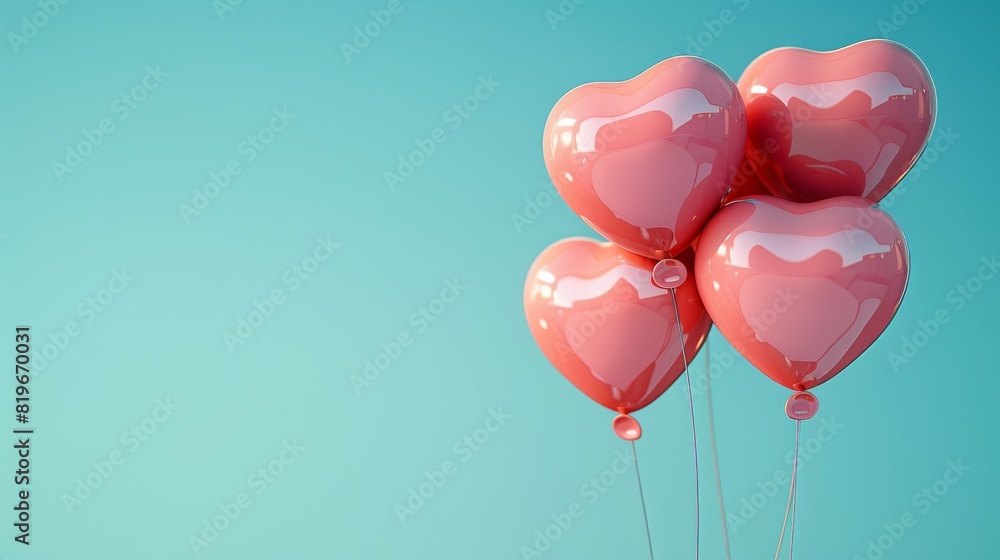 Cluster of shiny pink heart-shaped balloons floating against a bright teal background, symbolizing love, celebration, and joy.