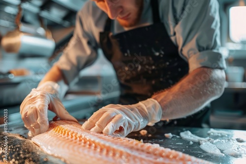 A butcher deboning a fish with surgical precision with close attention to the removal of bones and preparation of fillets photo