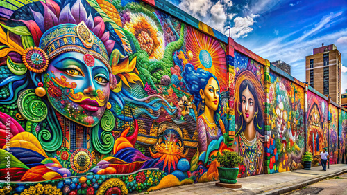 A vibrant graffiti mural adorning a city wall, bursting with colors and intricate designs