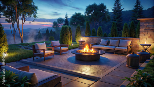 Inviting outdoor patio with comfortable seating and a fire pit, perfect for al fresco gatherings photo