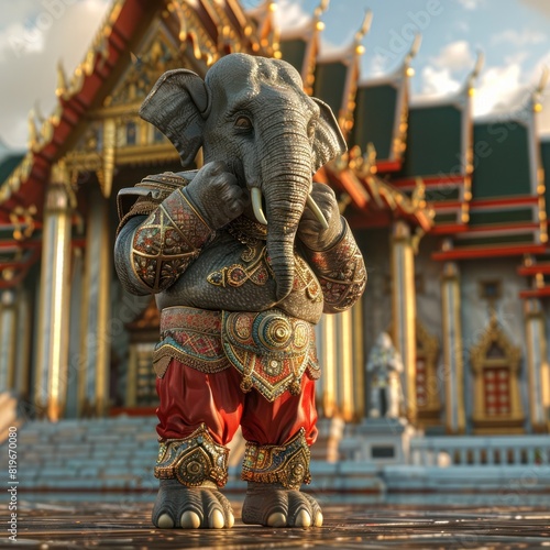 Majestic Elephant in Muay Thai Uniform Poses Proudly in Front of Wat Phra Kaew © Sittichok