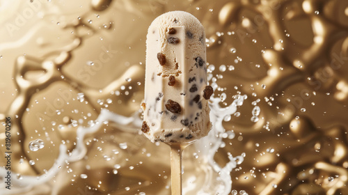 Rum raisin ice cream on a stick on a monochromatic gold background with water droplets splashing around