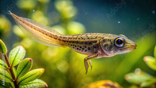 A tiny tadpole swimming in a pond, its developing features visible in macro © prasit