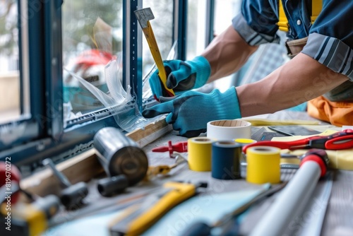 A professional sealing a window with foam tape with an array of construction tools and materials nearby