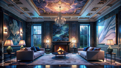 Lavish living room adorned with marble fireplace, coffered ceiling, and oversized artwork photo