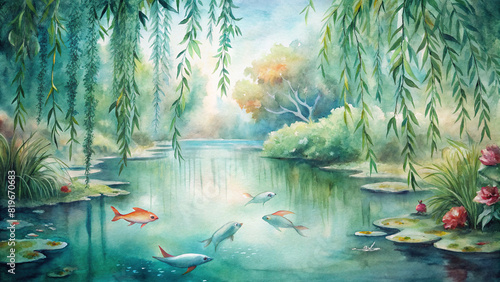 A captivating watercolor painting of a tranquil pond surrounded by weeping willows, their graceful branches trailing in the clear water, while koi fish glide beneath the surface