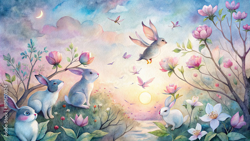 Rabbits frolic among the flowers while birds chirp merrily in the treetops, welcoming the start of a new day photo