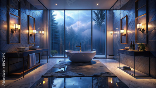 Luxury bathroom with a glass-enclosed shower, marble floors, and freestanding tub photo