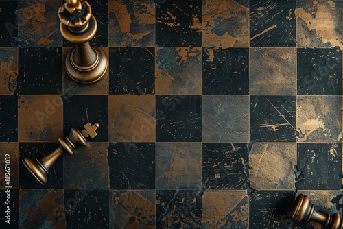 A top view of a chessboard with a gold queen standing and a black king lying on its side The center of the board has ample copy space for text photo