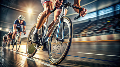 Close-up of a determined cyclist's legs pedaling furiously during a race, showing their serious commitment to winning  photo