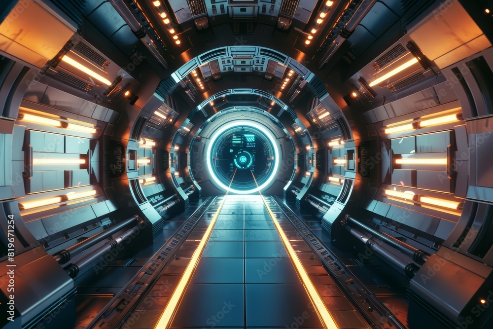 A top view of a futuristic corridor with a circular door at one end A top view of a futuristic corridor with a circular door at one end