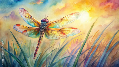 A close-up of a vibrant dragonfly perched on a reed in a sun-drenched meadow, with a watercolor sky in the background