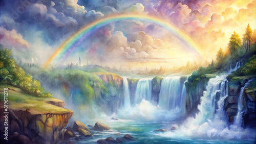 A stunning rainbow arching over a waterfall in the misty morning light  creating a magical and colorful scene.