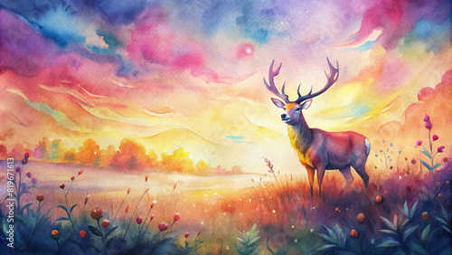 Vibrant watercolor painting depicting a majestic stag standing amidst a field of wildflowers, its antlers reaching towards the sky as the sun sets in a blaze of orange and pink hues