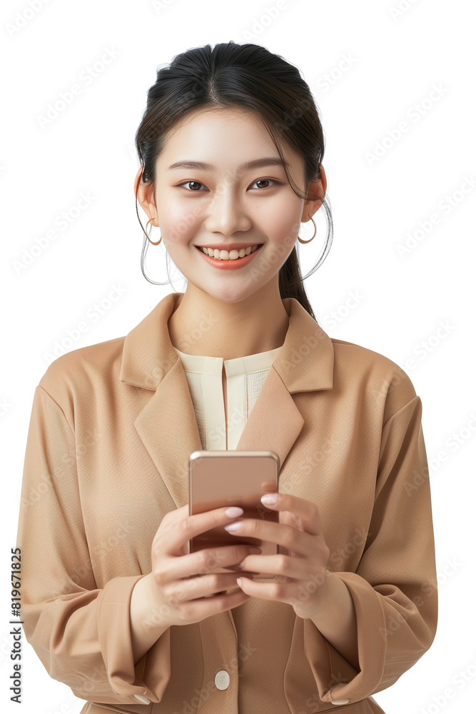 Smiling Young Asian Businesswoman in Blazer Hand Holding a Smartphone on PNG Cutout Transparent Background Smiling Young Asian Businesswoman in Blazer Hand Holding a Smartphone on PNG Cutout Transparent Background