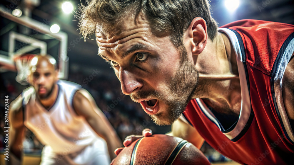 Close-up of a determined basketball player's intense expression during a competitive game, showcasing their focus and dedication 