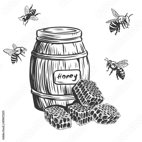 Honey set collection. hand drawn bees and honeycomb and wooden barrel. Vintage engraving isolated on background. Woodcut, etching imitation style.