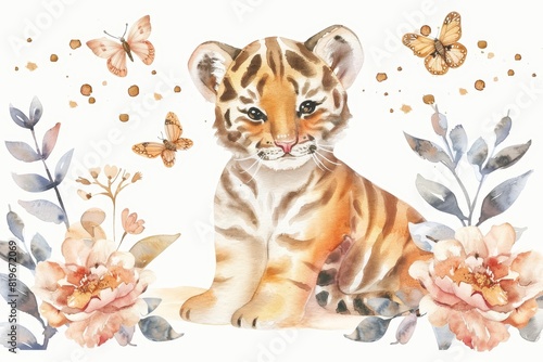 A watercolor clipart of a cute tiger cub sitting on a white background, surrounded by playful elements like butterflies and flowers, with soft pastel colors photo