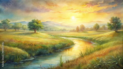 A peaceful meadow bathed in golden sunlight, with a gentle stream winding through the lush grass.