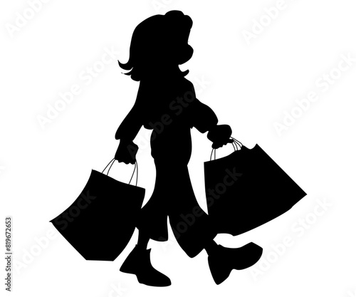 Silhouette of the buyer after shopping in the mall. Happy woman shopper with supermarket bag. Illustration of family set as package for consumer transportation and gift for purchase in market. Vector  photo