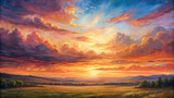 A breathtaking sunset over a vast meadow, with the sky painted in hues of orange, pink, and purple, casting a warm glow over the landscape.