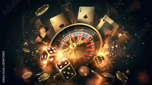Creative poker template, background design with golden playing cards and poker chips on a dark background. Casino concept, gambling, header for the site. Copy space, 3D illustration, 3D render