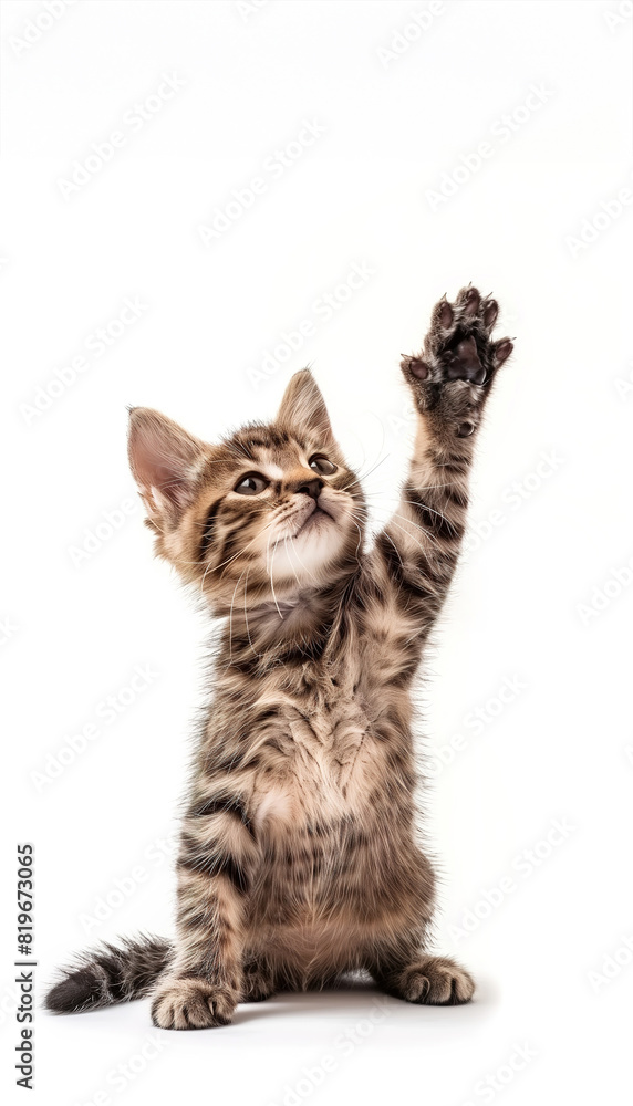 Obraz premium Cute Tabby Kitten Reaching Up with Paw on PNG Cutout Transparent Background