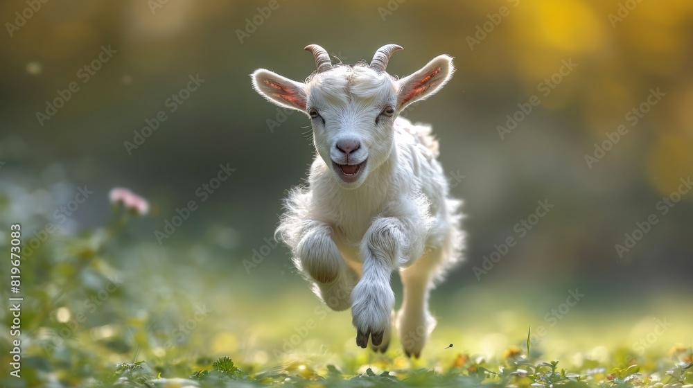 cute male goat with horns running across a green field cute male goat with horns running across a green field