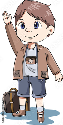 cartoon illustration design of a boy standing carrying a camera and bag ready to go on holiday to the beach.eps