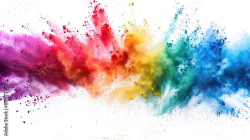An explosion of bright, colorful rainbow powder creating a dynamic and vibrant abstract pattern against a clean white background. 