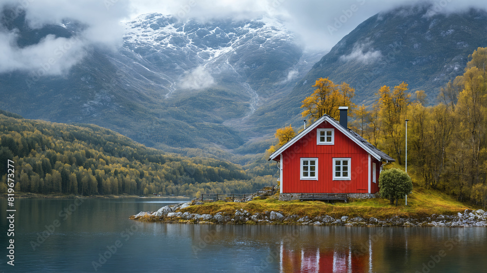 Fototapeta premium Cozy Red Cabin by Misty Lake in Scenic Norwegian Mountains During Autumn