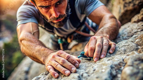 Detailed close-up of a serious rock climber's hands gripping the rocky surface, displaying their focus and determination to conquer the ascent  photo
