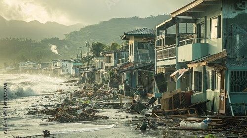 A coastal community braces for the impact of an approaching typhoon, with residents boarding up windows and securing property.