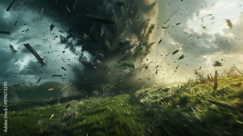 A tornado rips through a rural landscape, tossing debris into the air and leaving destruction in its wake. photo