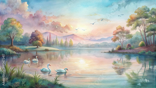A serene landscape painting depicting a tranquil lake surrounded by lush greenery, with a family of swans gliding gracefully across the glassy water under a soft, pastel-colored sky