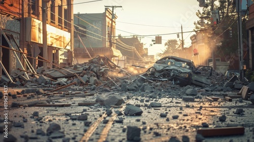 City streets crumble as the ground shakes during a devastating earthquake, causing widespread damage to infrastructure.