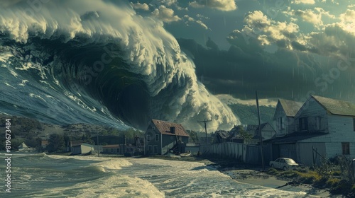 A towering tsunami wave approaches the shoreline, threatening to engulf everything in its path.
